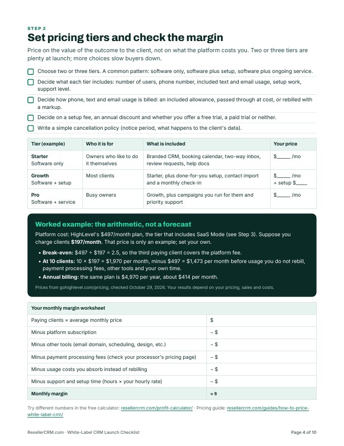 Sample page: Step 2, pricing tiers and margin worksheet